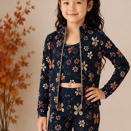 Ginger Ivy: AUTUMN woodland fashion three piece Zip-Up Sport Set – Jacket, Vest & Cycling Shorts girls sport set