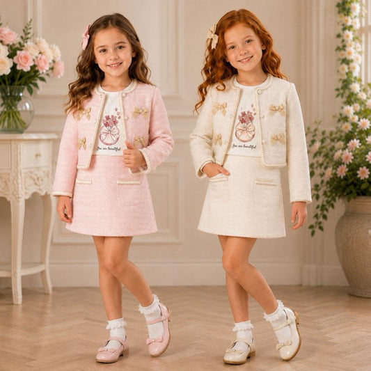 Ginger Ivy: MILAN tweed three piece suit set jacket tshirt and skirt with satin bows