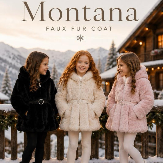 Ginger Ivy Montana Faux Fur Coat with Fashion Diamonte Belt and faux leather panels for Girls