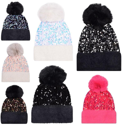 Ginger Ivy SEQUIN Sparkling Soft Knitted Lining Hat with Fleece Pompom One Size in Multiple Colors