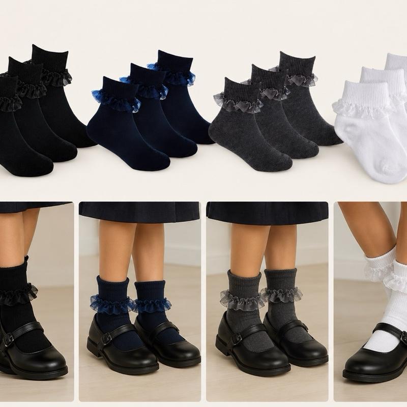 Ginger Ivy FRILLY Trim Fold Over Ankle Socks for Girls - Available in Black, Navy, Grey & White - Comfortable & Stylish school sock
