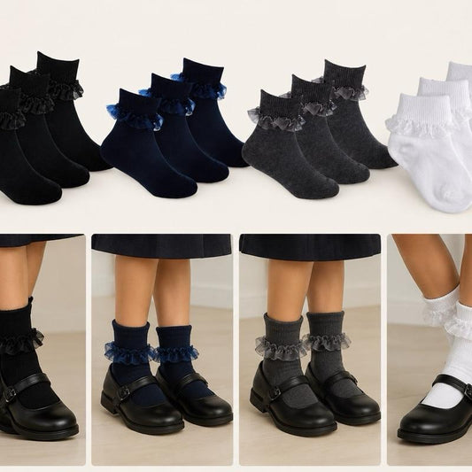 Ginger Ivy FRILLY Trim Fold Over Ankle Socks for Girls - Available in Black, Navy, Grey & White - Comfortable & Stylish school sock