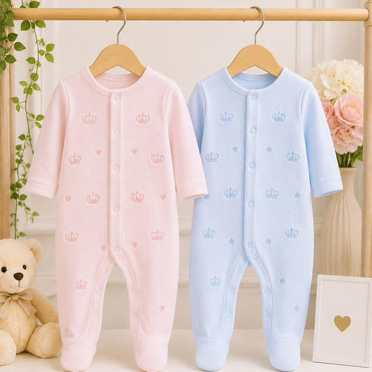 The CROWN embroidery velour soft fabric button front babygrow sleep suit romper