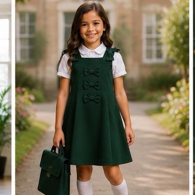 Ginger Ivy: TONBRIDGE Triple Bow and Bow on the shoulder feature pinafore school dress