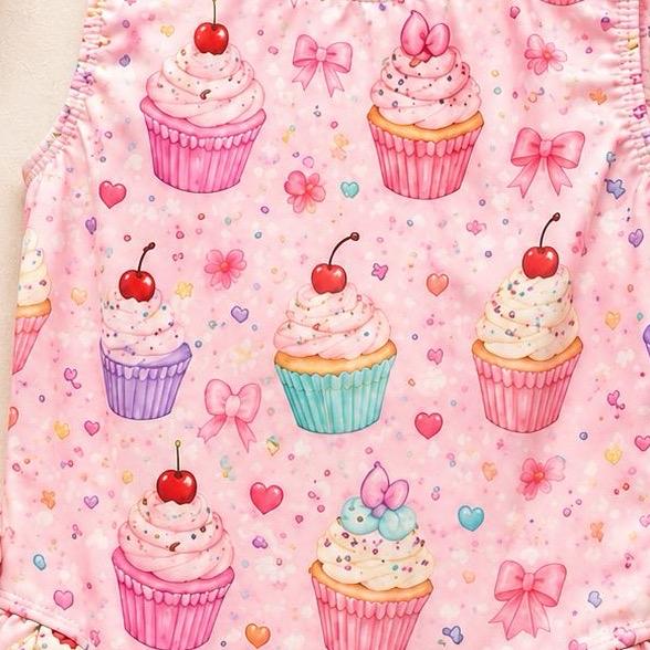 Ginger Ivy: CUPCAKES Swimsuit with bows cherries and hearts pattern and pale pink bows 2-12 years true to size
