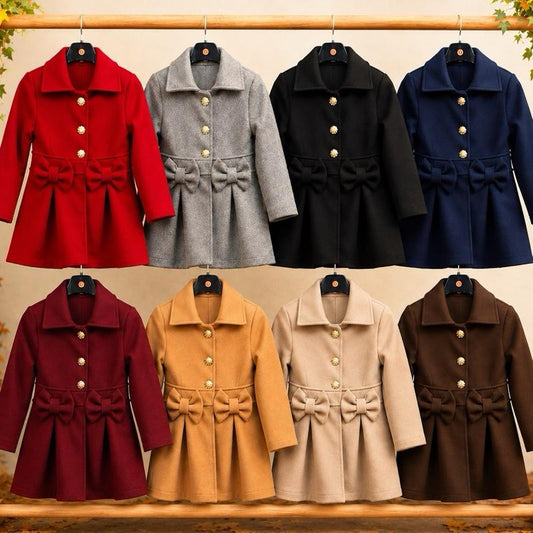 Ginger Ivy: TRADITIONAL Bow classic coat with bows feature and buttons for girls, Girls Clothing, Girls Winter Clothing, Girls Daily Coat 2-12 years