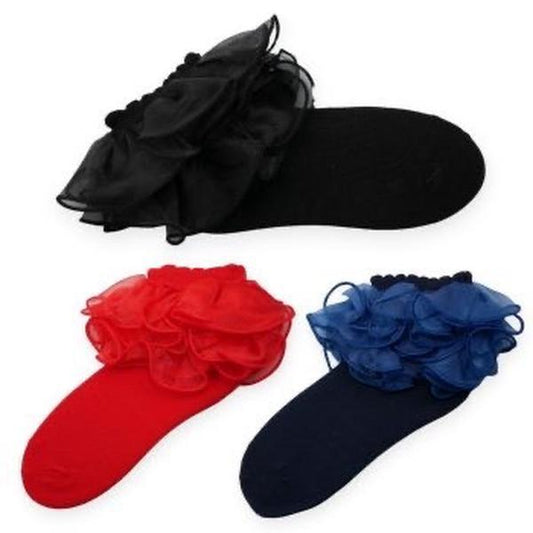 Ginger Ivy Organza Layer Ruffle School Socks in Black Red & Navy for Girls' Fashionable Footwear