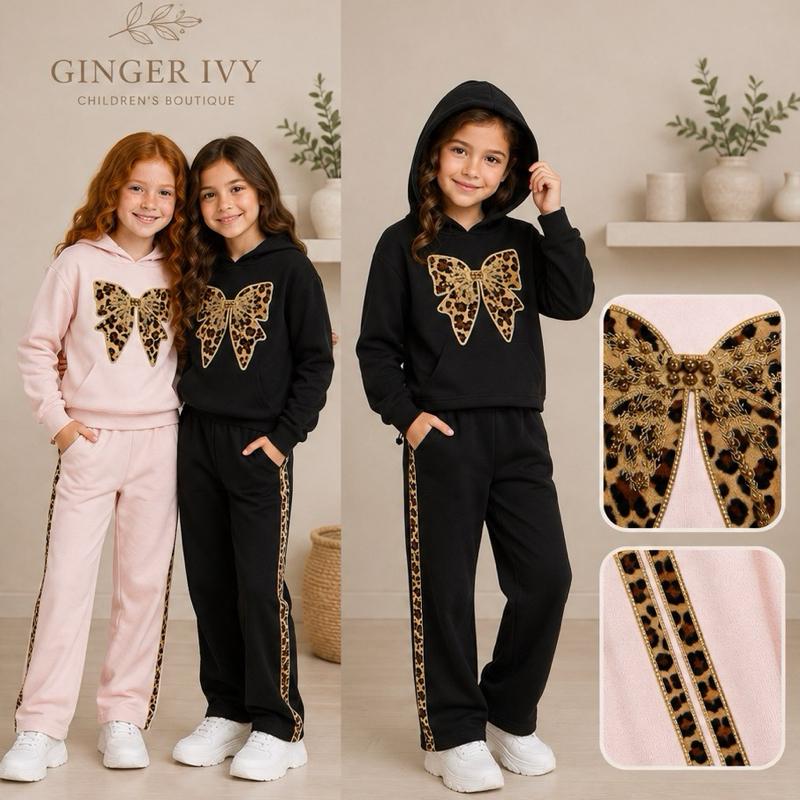 Ginger Ivy: LEOPARD BOW emblishment feature hoodie and wide leg joggers