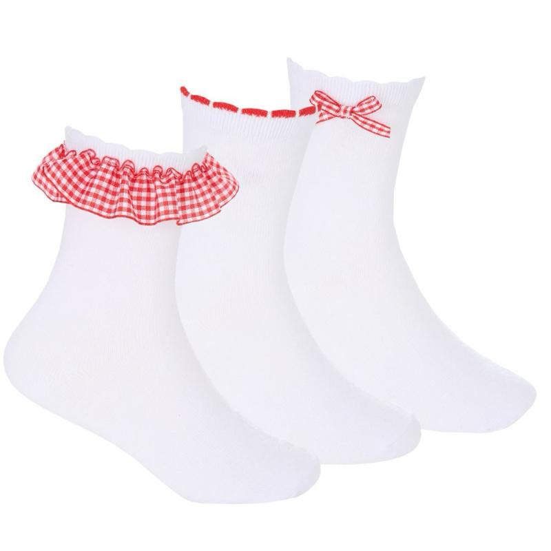 Ginger Ivy Three Pack Socks with Ruffled Edges and Bow Details for Kids Perfect School Socks in Red and Blue Checkered Patterns