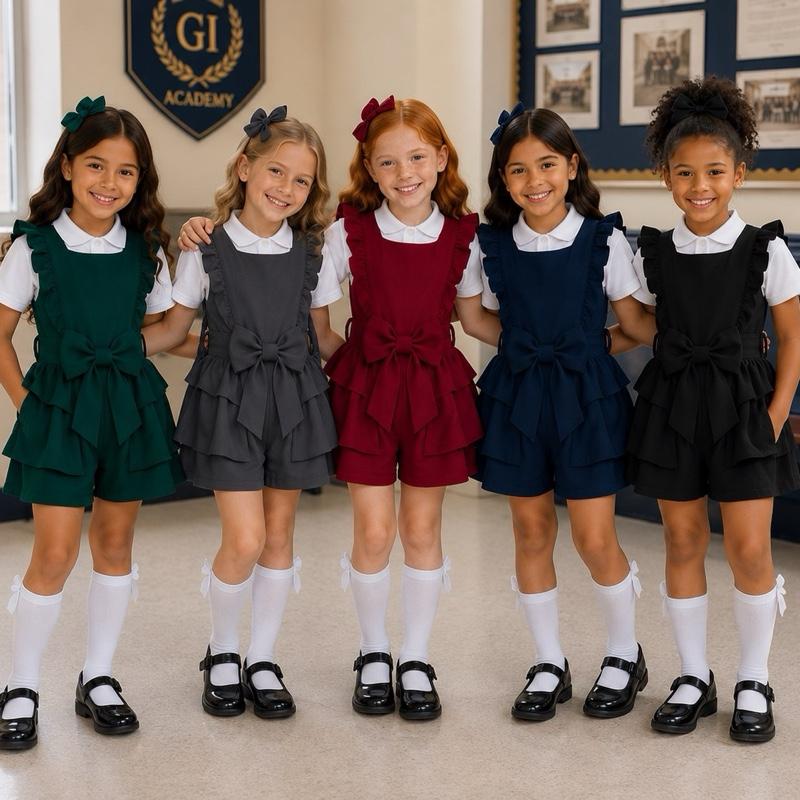 Ginger Ivy BROMLEY Bow Ruffle Playsuit One Piece for School Age 4-12 Girls' School Uniform