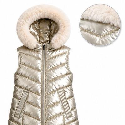 Ginger Ivy: NOVA metallic padded long GILET with faux fur trim hood for 4-12 years