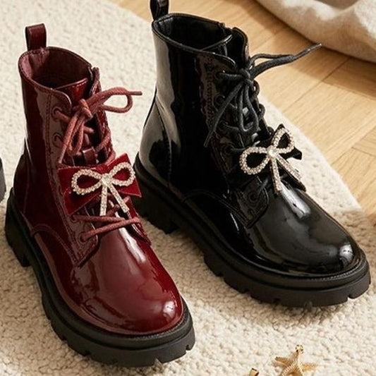 Ginger Ivy: Stylish Bow-Tied Lace-Up Boots in Glossy Finish with Bow for girls