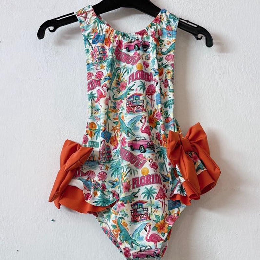 Ginger Ivy: FLORIDA theme pink and orange swimsuit true to size 2-12 years