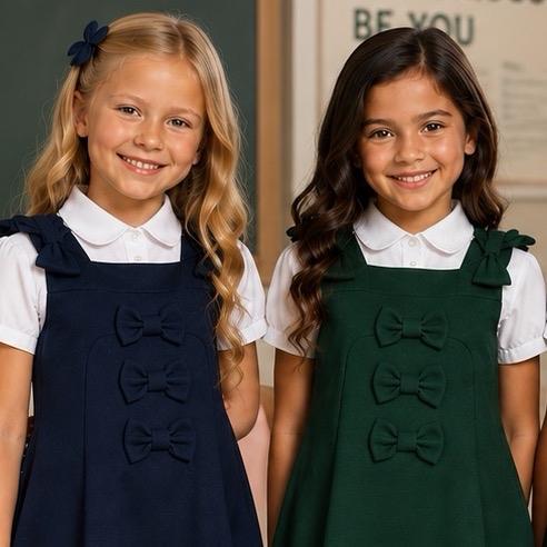 Ginger Ivy: TONBRIDGE Triple Bow and Bow on the shoulder feature pinafore school dress