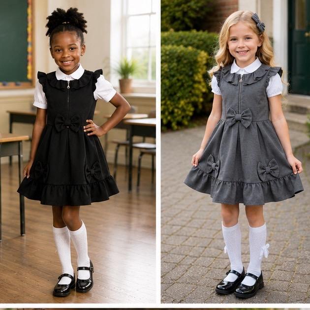 Ginger Ivy YORK ZIP Front Feature Dress with Bows and Ruffles School Dress for Girls