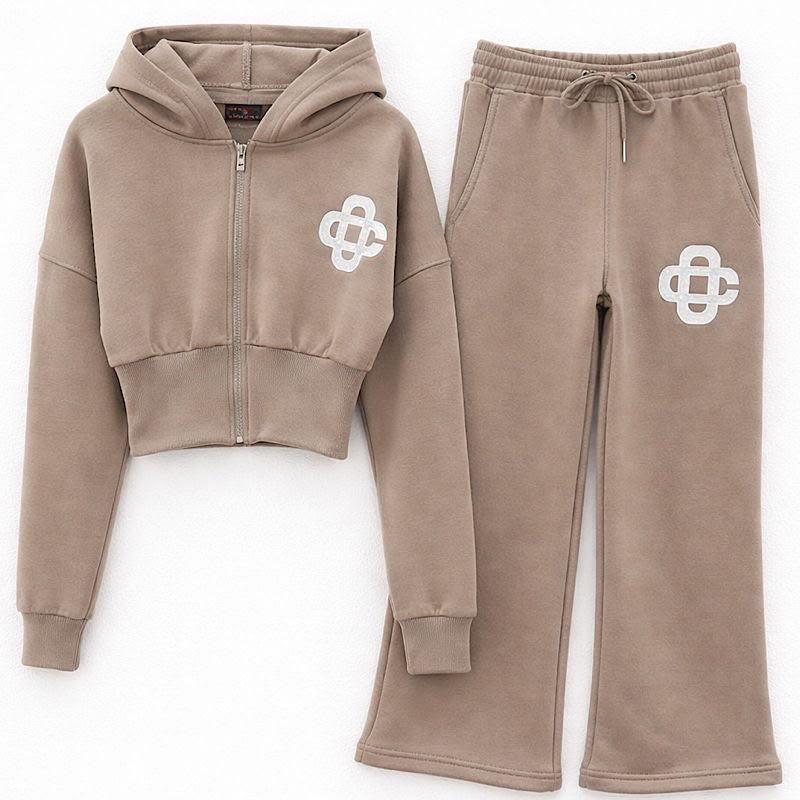 Ginger Ivy CARRINGTON CLUB Wide Leg Tracksuit for Girls - Soft Premium Fabric, Cropped Zip Hoodie, Embroidered Logo, Adjustable Drawcord, Ages 4-14