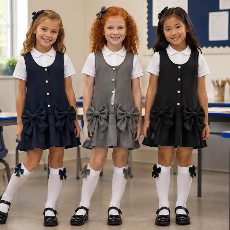 Ginger Ivy: OXFORD buttons and bows drop hem dress age 2-12 years