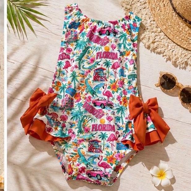 Ginger Ivy: FLORIDA theme pink and orange swimsuit true to size 2-12 years