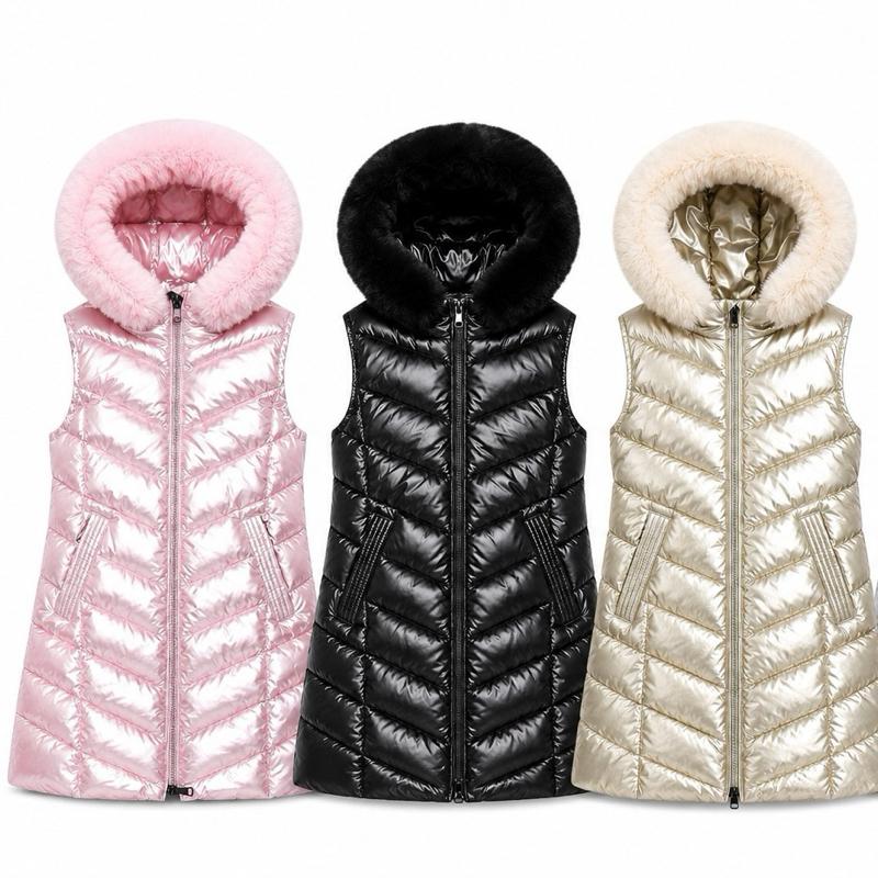 Ginger Ivy: NOVA metallic padded long GILET with faux fur trim hood for 4-12 years