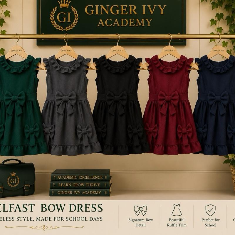 Ginger Ivy: BELFAST Triple Bow Feature Ruffle Neck Finish School Dress for Girls 4-12 Years small for please size up