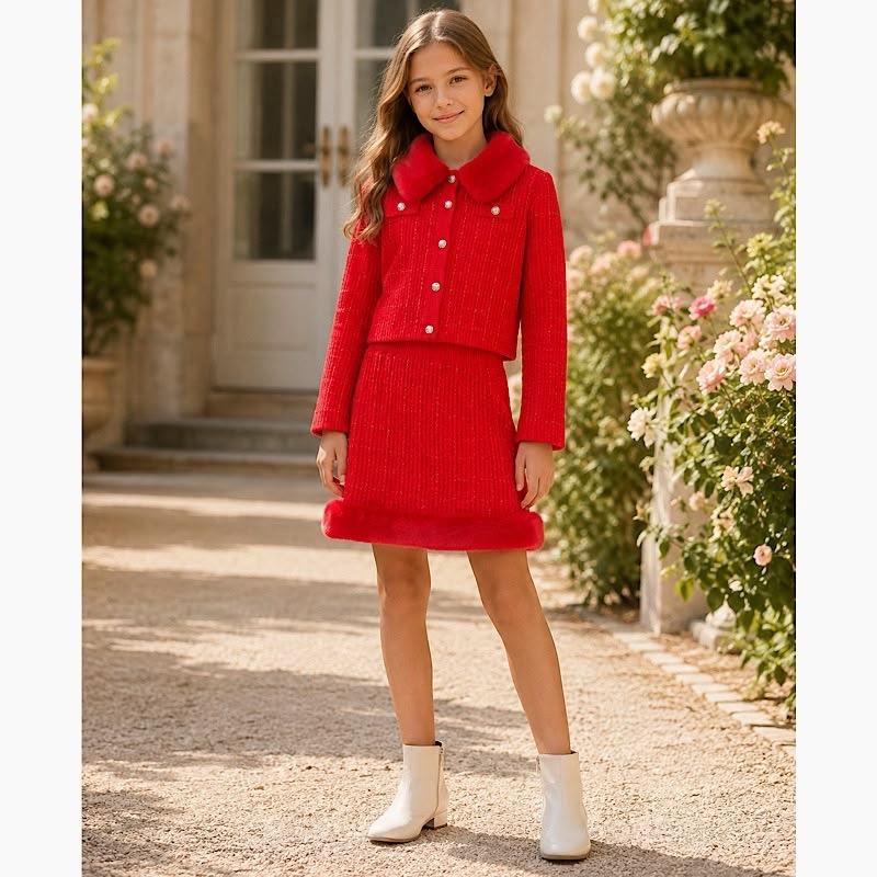 Ginger Ivy: CRYSTAL knitted faux fur trimmed skirt and cardigan suit set 3-14 years