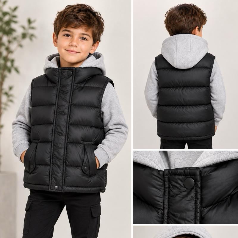 Ginger Ivy: ACE boys Black Puffer Vest with Grey Hood - Warm & Cozy Winter Outerwear for Children 4-14 year