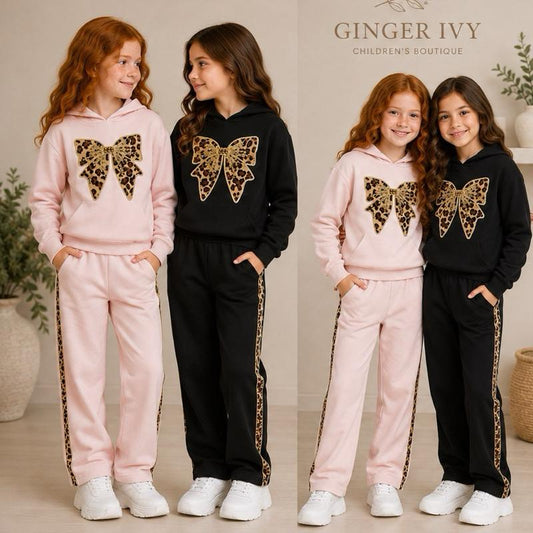 Ginger Ivy: LEOPARD BOW emblishment feature hoodie and wide leg joggers