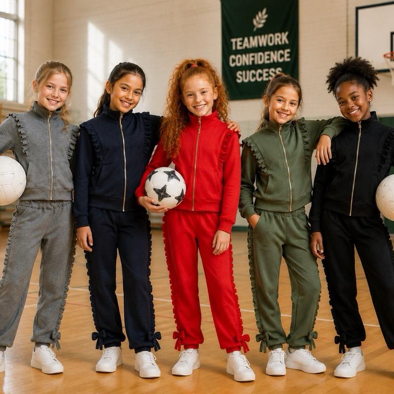 Ginger Ivy: DERBY ruffle design details funnel neck tracksuit with feature bows
