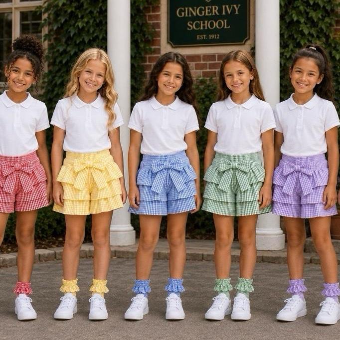 Ginger Ivy: LAYERED Checked Frilly School Shorts for Girls in Vibrant Colors and Patterns Perfect for Schoolwear