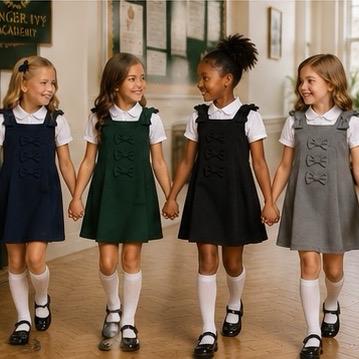 Ginger Ivy: TONBRIDGE Triple Bow and Bow on the shoulder feature pinafore school dress