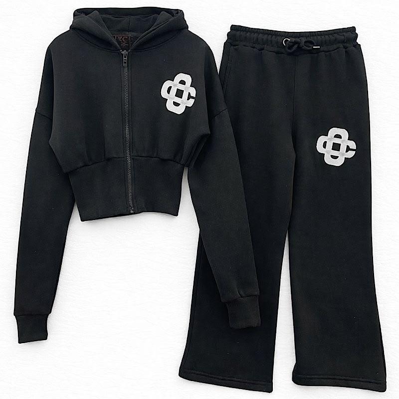 Ginger Ivy CARRINGTON CLUB Wide Leg Tracksuit for Girls - Soft Premium Fabric, Cropped Zip Hoodie, Embroidered Logo, Adjustable Drawcord, Ages 4-14