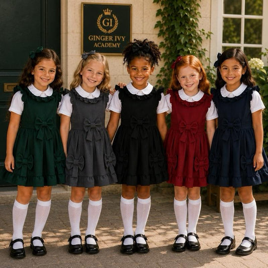 Ginger Ivy: BELFAST Triple Bow Feature Ruffle Neck Finish School Dress for Girls 4-12 Years small for please size up