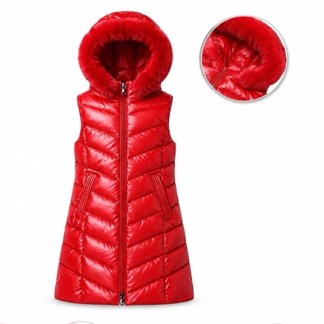 Ginger Ivy: NOVA metallic padded long GILET with faux fur trim hood for 4-12 years