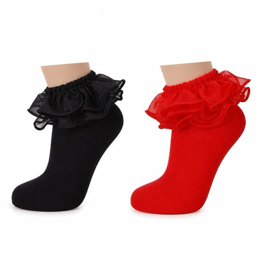 Ginger Ivy Organza Layer Ruffle School Socks in Black Red & Navy for Girls' Fashionable Footwear