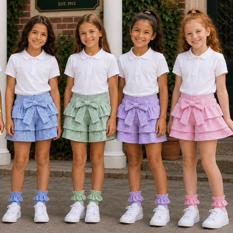 Ginger Ivy: LAYERED Checked Frilly School Shorts for Girls in Vibrant Colors and Patterns Perfect for Schoolwear