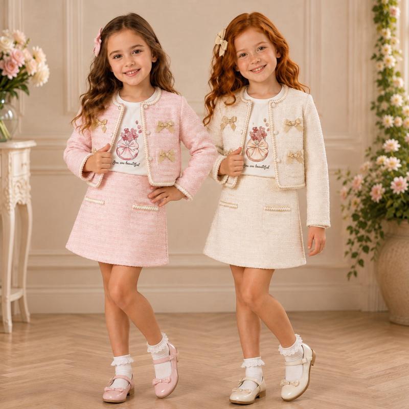 Ginger Ivy: MILAN tweed three piece suit set jacket tshirt and skirt with satin bows