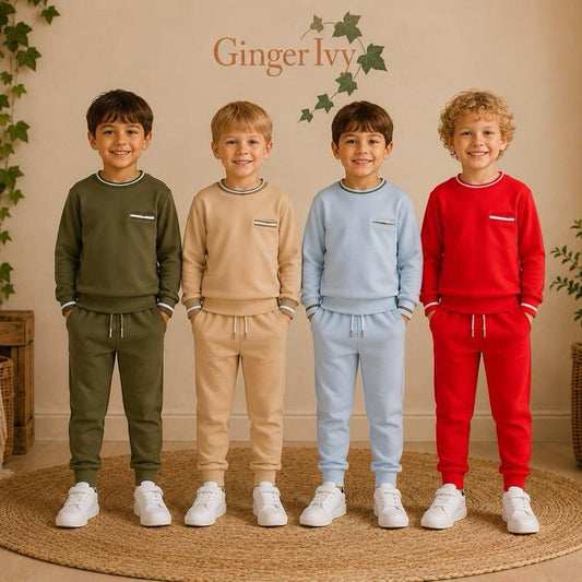 Ginger Ivy OWEN Round Neck Contrasting Feature White Highlight Top & Smart Joggers for Kids