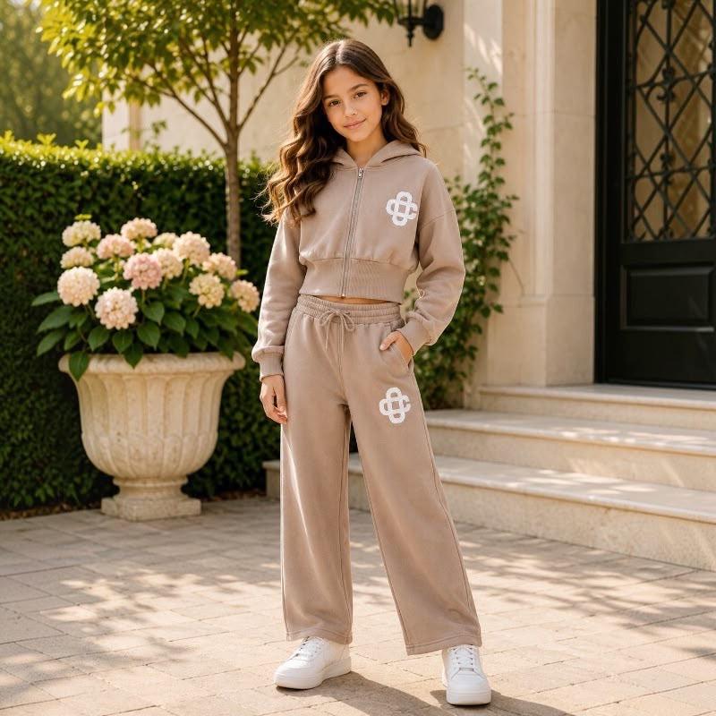 Ginger Ivy CARRINGTON CLUB Wide Leg Tracksuit for Girls - Soft Premium Fabric, Cropped Zip Hoodie, Embroidered Logo, Adjustable Drawcord, Ages 4-14