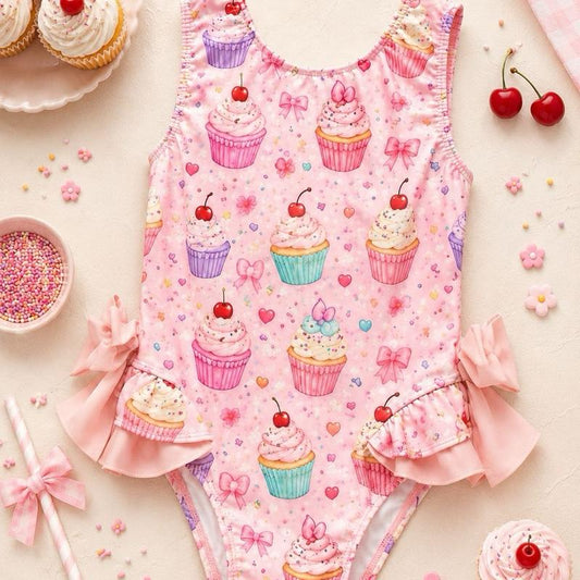 Ginger Ivy: CUPCAKES Swimsuit with bows cherries and hearts pattern and pale pink bows 2-12 years true to size