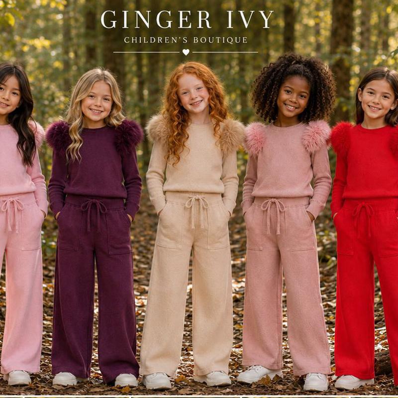 Ginger Ivy: ROXANNE knitted smart faux fur detachable shoulders with wide leg trousers 4-14 years