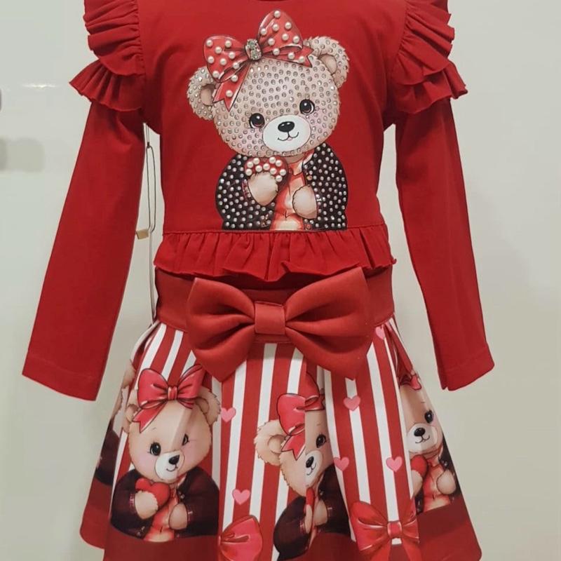 Ginger Ivy: BEARINGTON  Teddy Bear Print Ruffle Sleeve Long Sleeve Dress for Girls in Cream Red and Navy