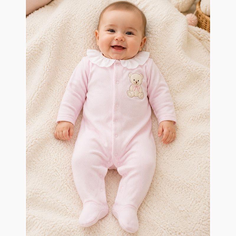 The Teddybear motif velour soft fabric collar feature babygrow romper