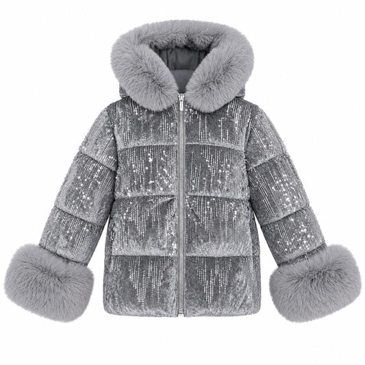 Ginger Ivy: DAZZLE sequin velvet padded jacket with faux fur trim cuffs and hood