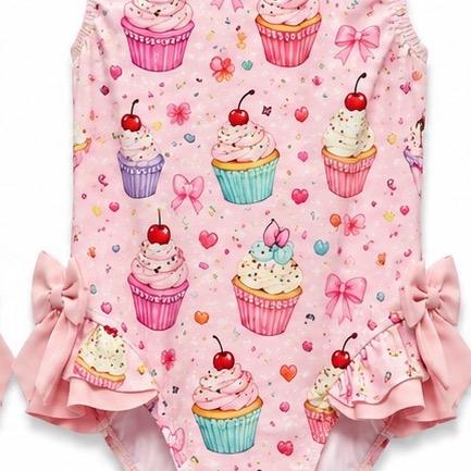 Ginger Ivy: CUPCAKES Swimsuit with bows cherries and hearts pattern and pale pink bows 2-12 years true to size
