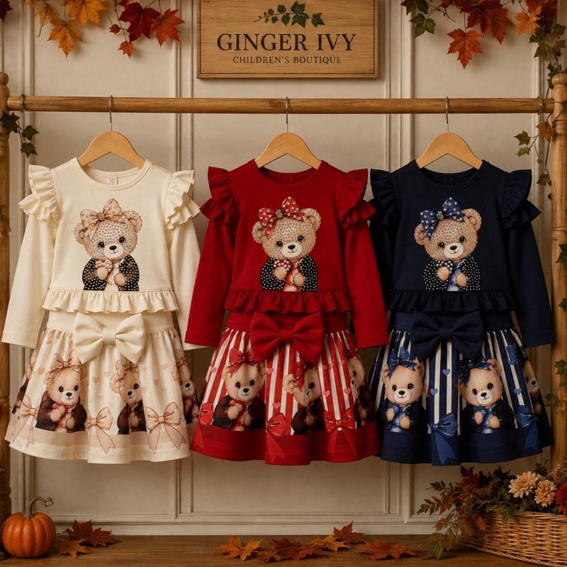 Ginger Ivy: BEARINGTON  Teddy Bear Print Ruffle Sleeve Long Sleeve Dress for Girls in Cream Red and Navy