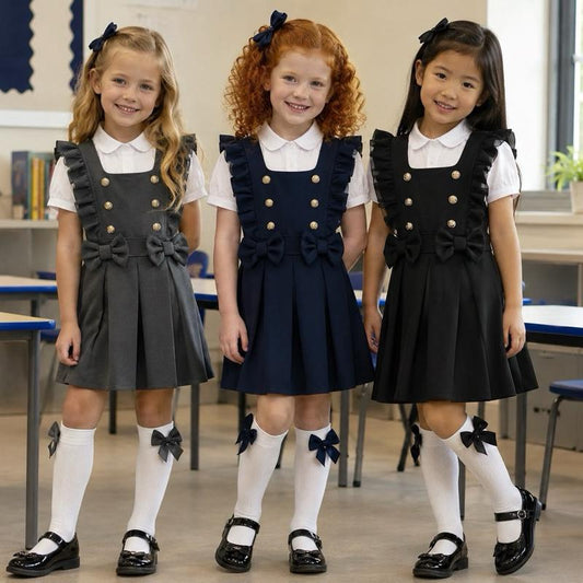 Ginger Ivy: COLCHESTER feature buttons and ruffle details pinafore dress age 4-12 years