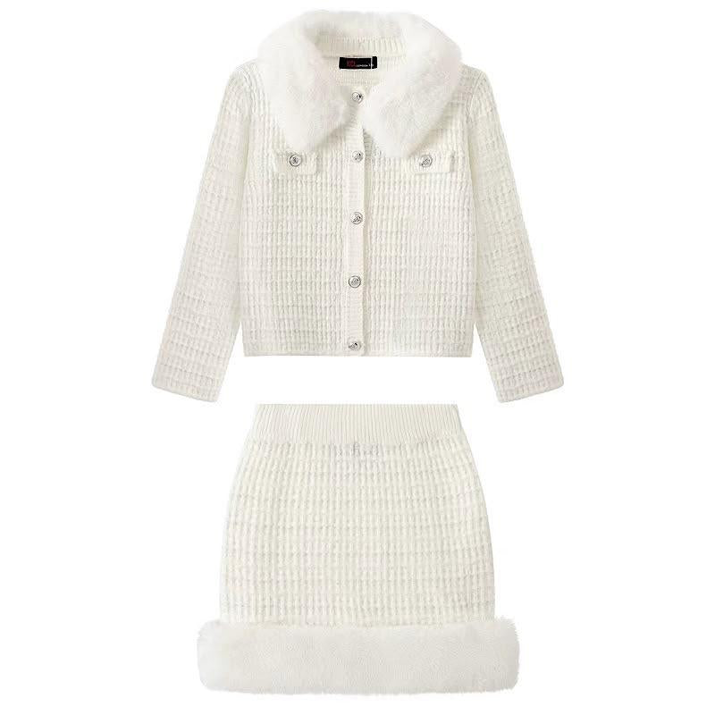 Ginger Ivy: CRYSTAL knitted faux fur trimmed skirt and cardigan suit set 3-14 years