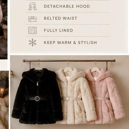Ginger Ivy Montana Faux Fur Coat with Fashion Diamonte Belt and faux leather panels for Girls