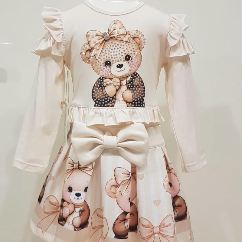 Ginger Ivy: BEARINGTON  Teddy Bear Print Ruffle Sleeve Long Sleeve Dress for Girls in Cream Red and Navy