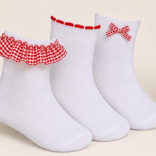 Ginger Ivy Three Pack Socks with Ruffled Edges and Bow Details for Kids Perfect School Socks in Red and Blue Checkered Patterns